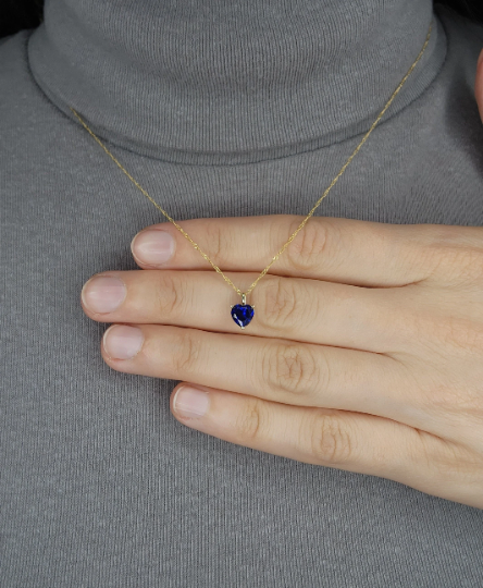 14Kt Gold Blue Sapphire Heart Pendant Necklace