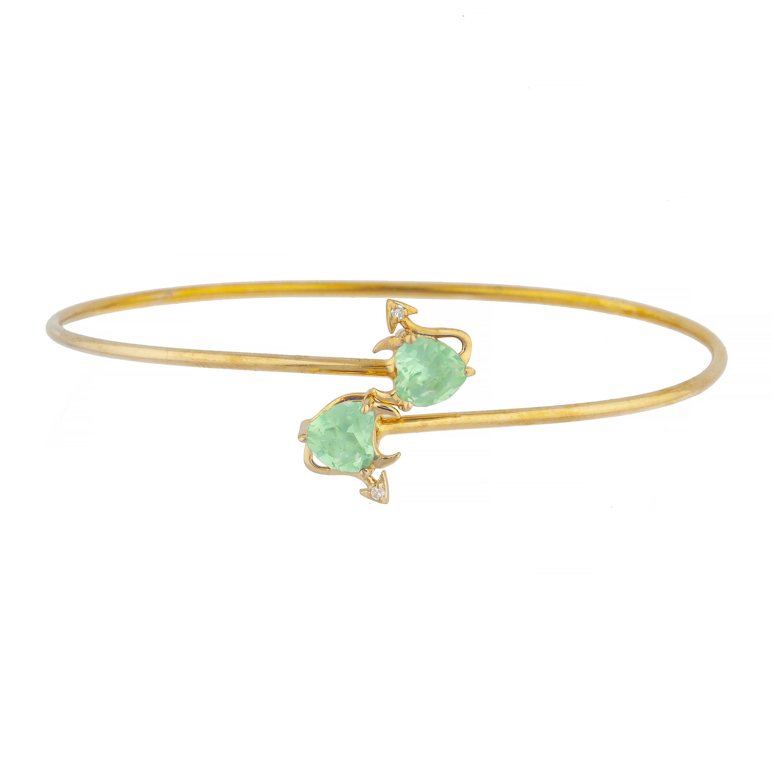 Green Sapphire & Diamond Devil Heart Bangle Bracelet 14Kt Yellow Gold Rose Gold Silver