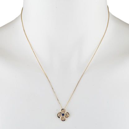 14Kt Gold Blue Sapphire Clover Design Pendant Necklace