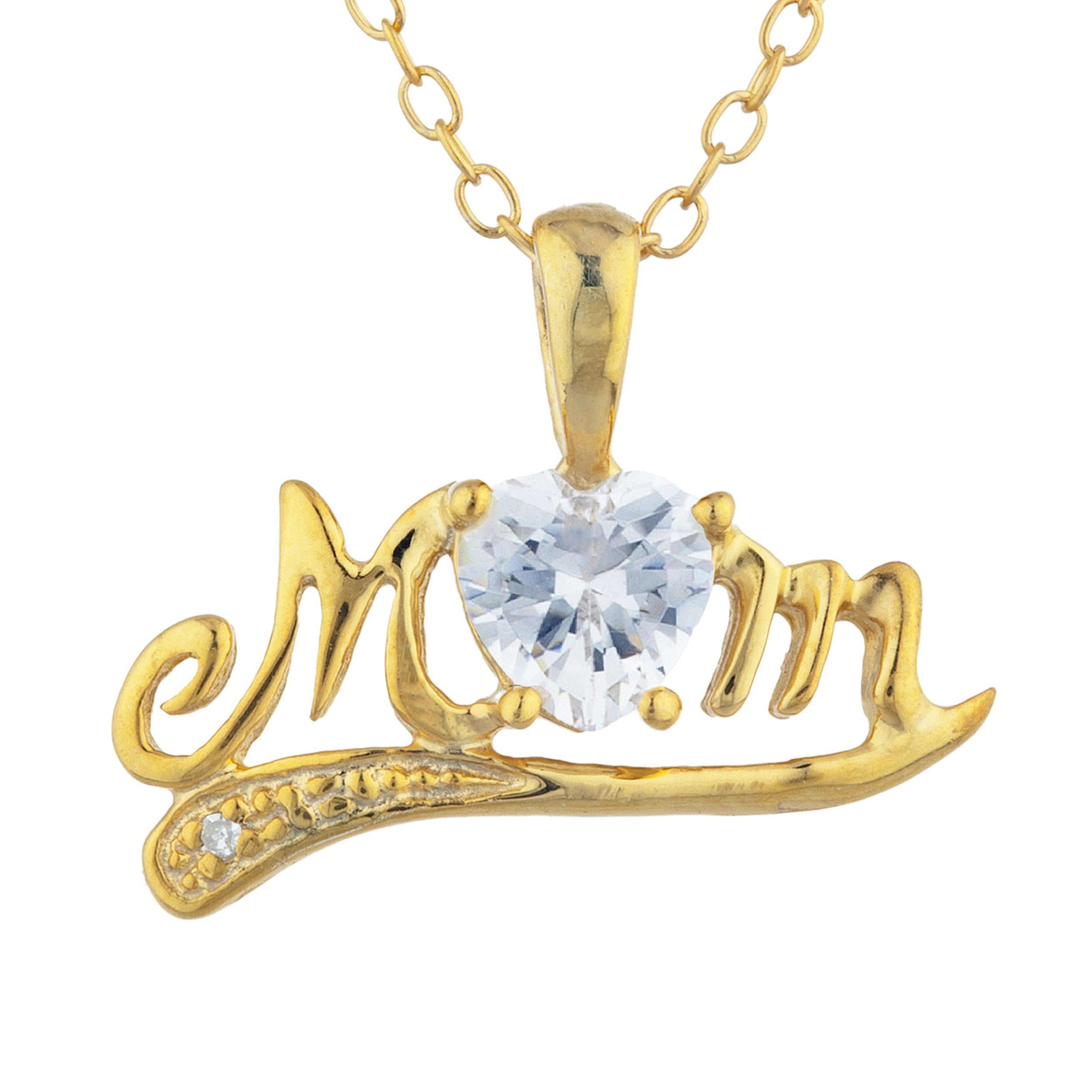 14Kt Gold Zirconia & Diamond Heart Mom Pendant Necklace