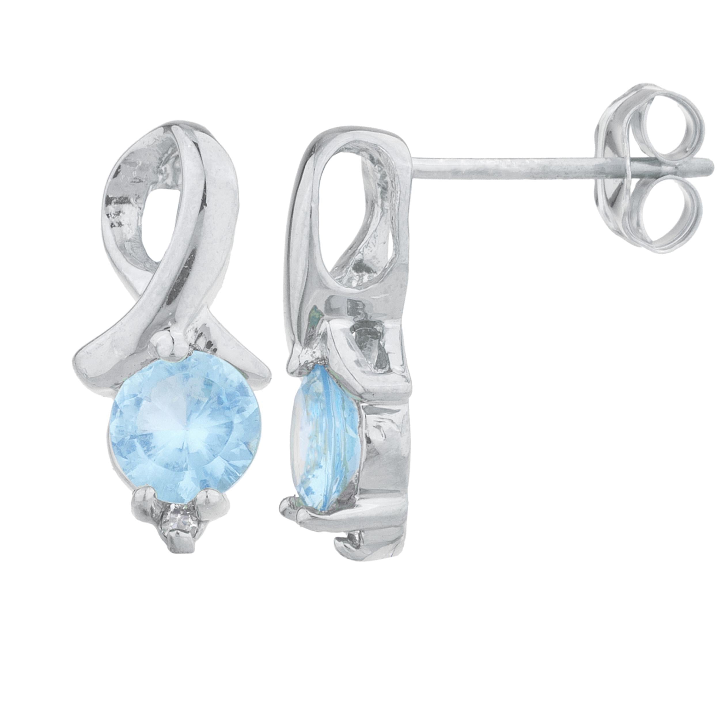 14Kt Gold Blue Topaz & Diamond Round Design Stud Earrings