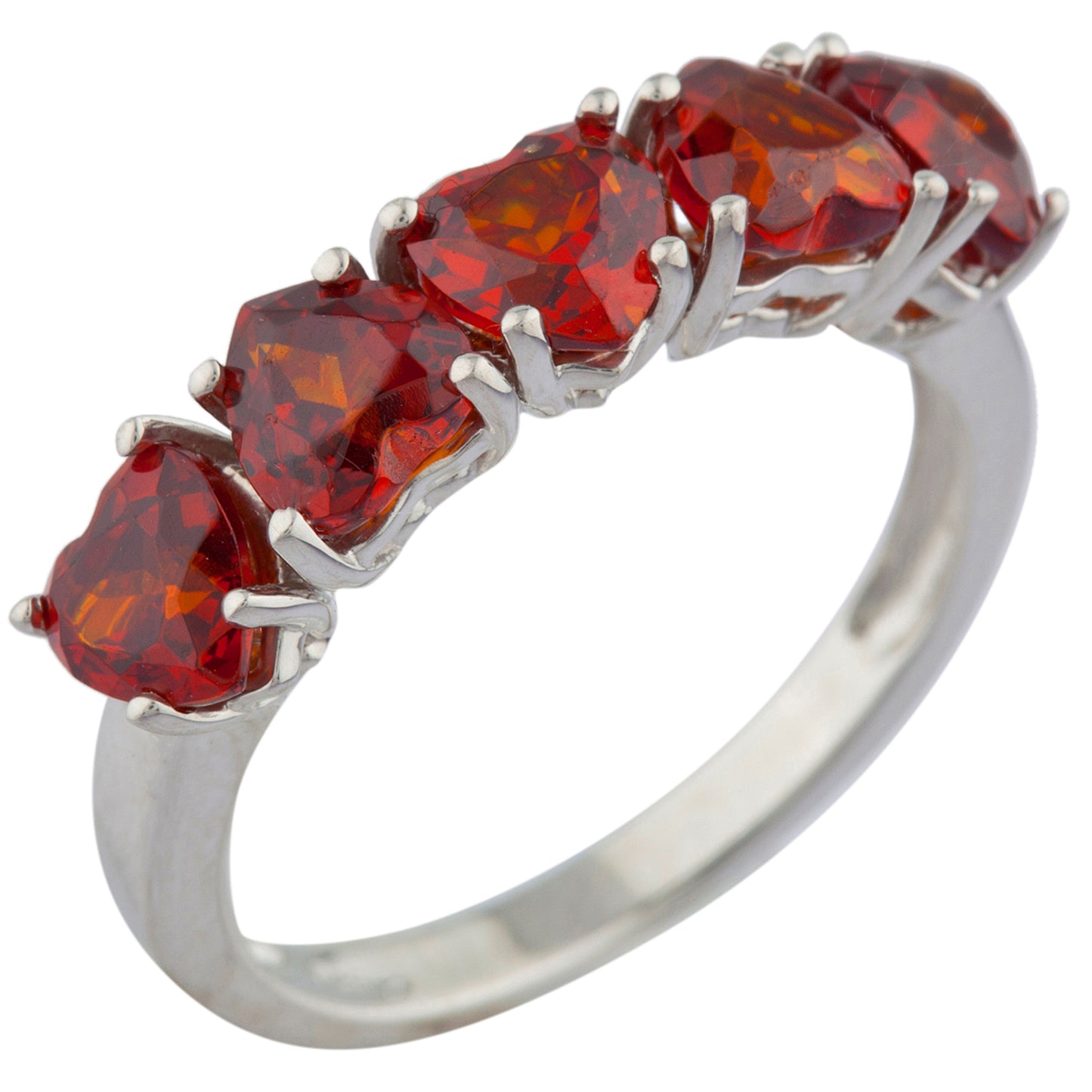 5 Hearts Garnet Heart Ring .925 Sterling Silver Rhodium Finish