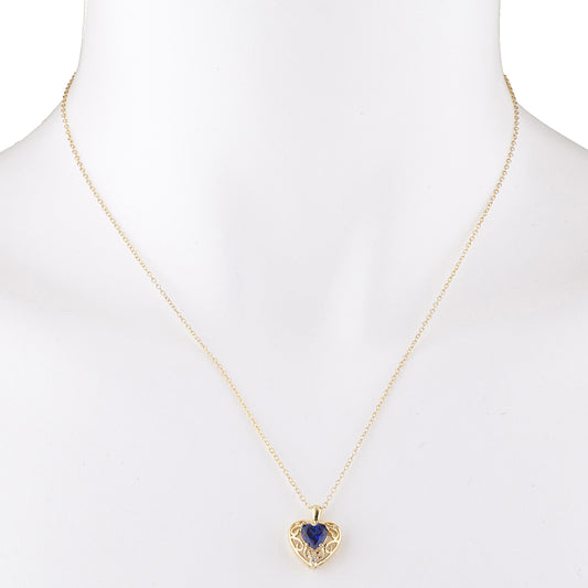 14Kt Gold Blue Sapphire & Diamond Heart LOVE ENGRAVED Pendant Necklace