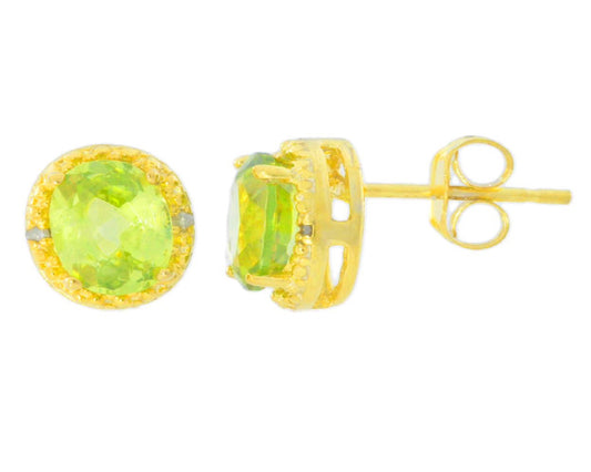 2 Ct Peridot & Diamond Round Stud Earrings 14Kt Yellow Gold