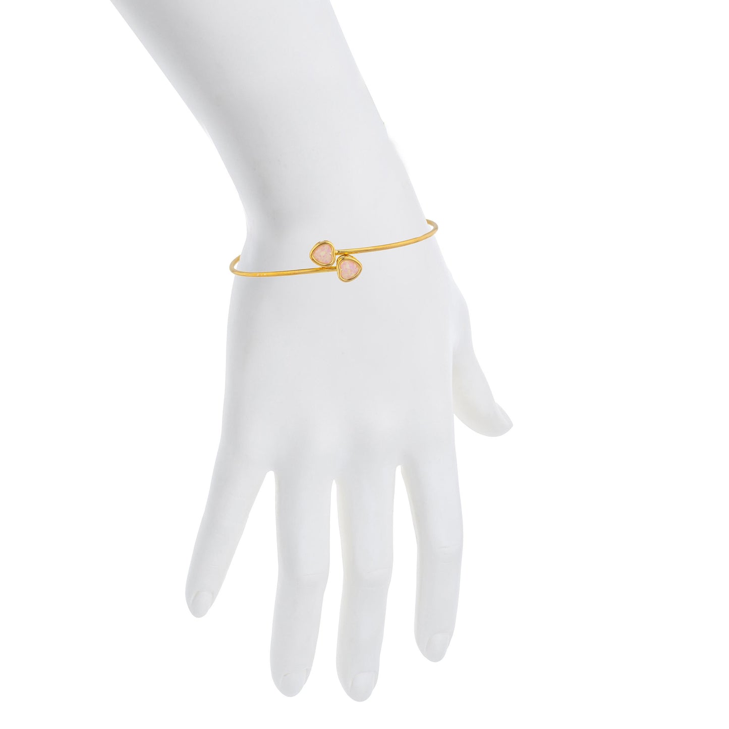 14Kt Yellow Gold Plated Pink Opal Heart Bezel Bangle Bracelet