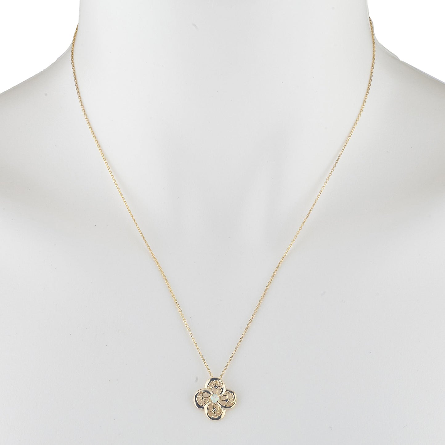 14Kt Gold Genuine Opal Clover Design Pendant Necklace