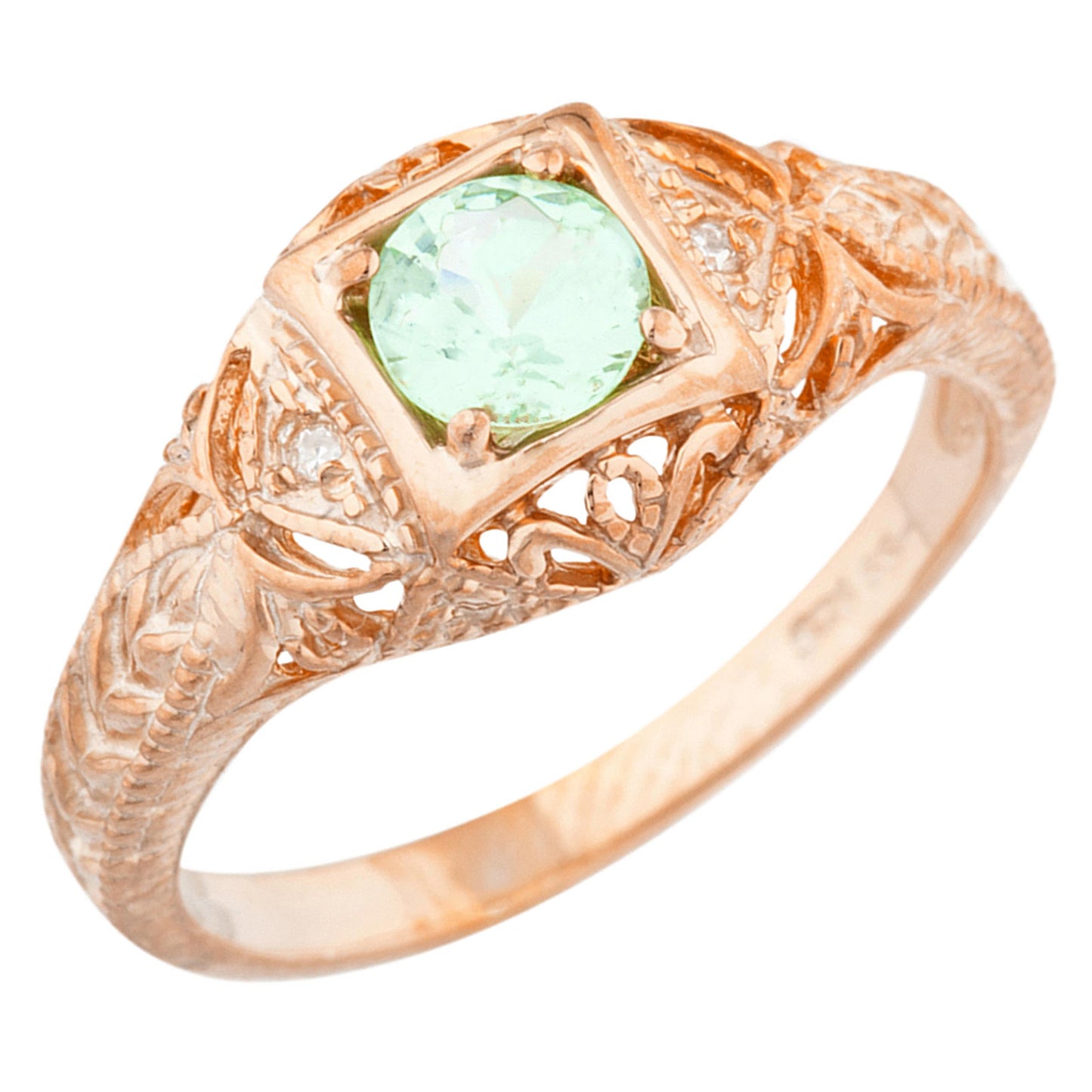 14Kt Gold Green Sapphire & Diamond Design Round Ring