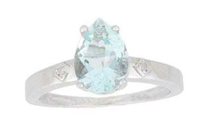 2 Ct Aquamarine & Diamond Pear Ring .925 Sterling Silver Rhodium Finish