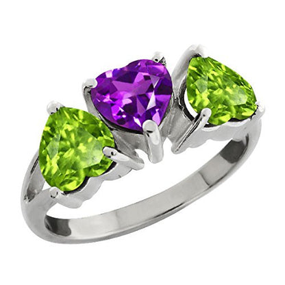 3 Ct Peridot & Amethyst Heart Ring .925 Sterling Silver Rhodium Finish