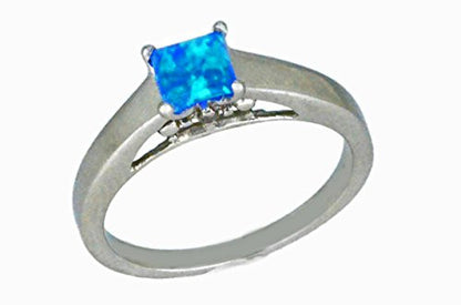 5mm Blue Opal & Diamond Princess Cut Ring .925 Sterling Silver Rhodium Finish