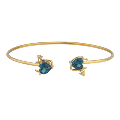 London Blue Topaz & Diamond Devil Heart Bangle Bracelet 14Kt Yellow Gold Rose Gold Silver