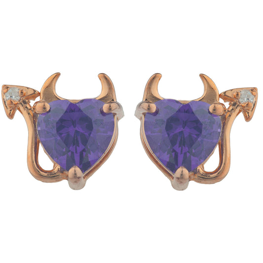 2 Ct Amethyst & Diamond Devil Heart Stud Earrings 14Kt Rose Gold Plated