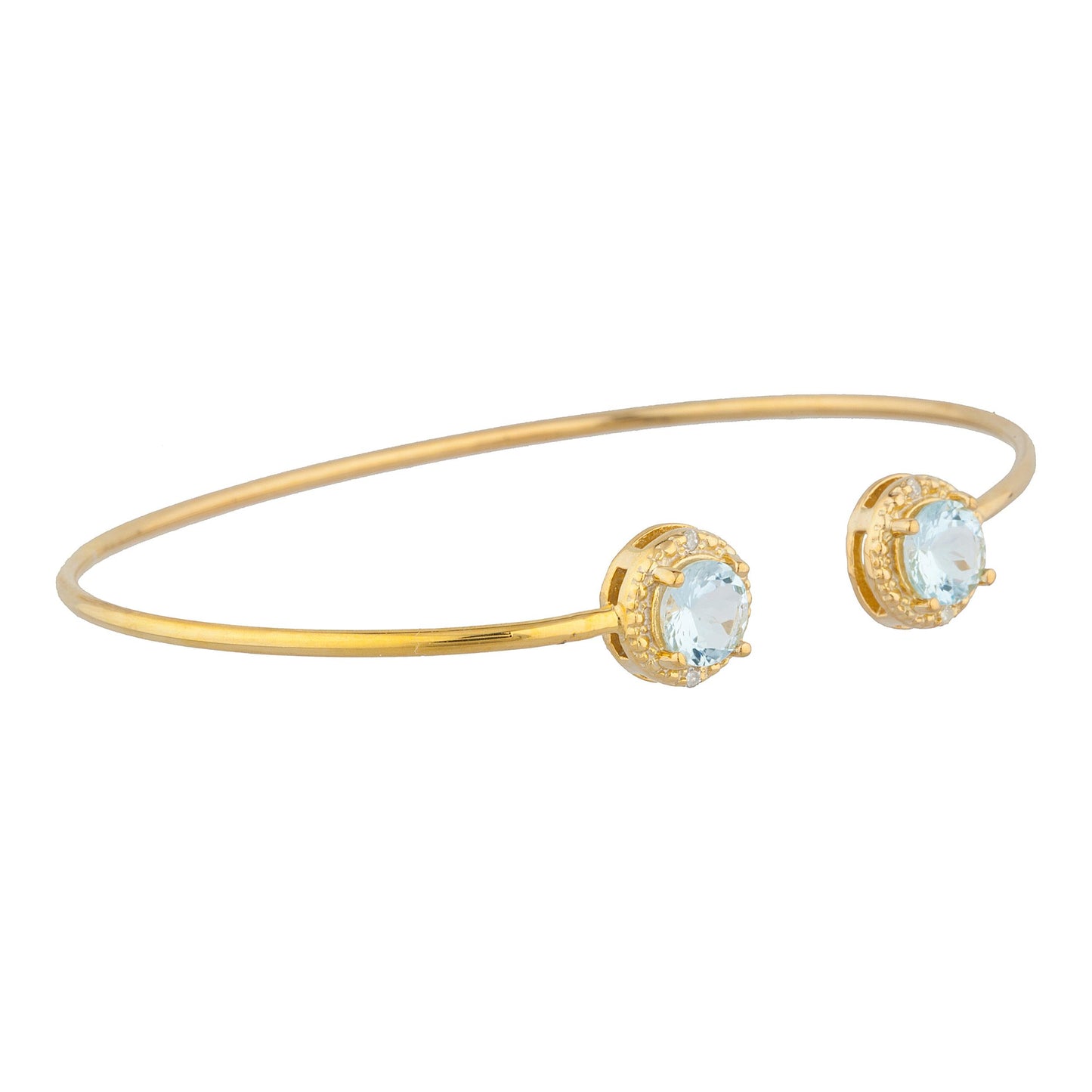 14Kt Yellow Gold Plated Genuine Aquamarine & Diamond Round Bangle Bracelet