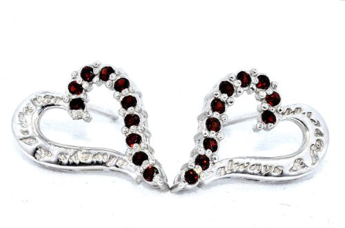 Always & Forever Engraving Garnet Heart Stud Earrings .925 Sterling Silver