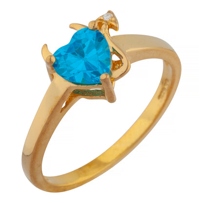 Swiss Blue Topaz & Diamond Devil Heart Ring 14Kt Yellow Gold Rose Gold Silver