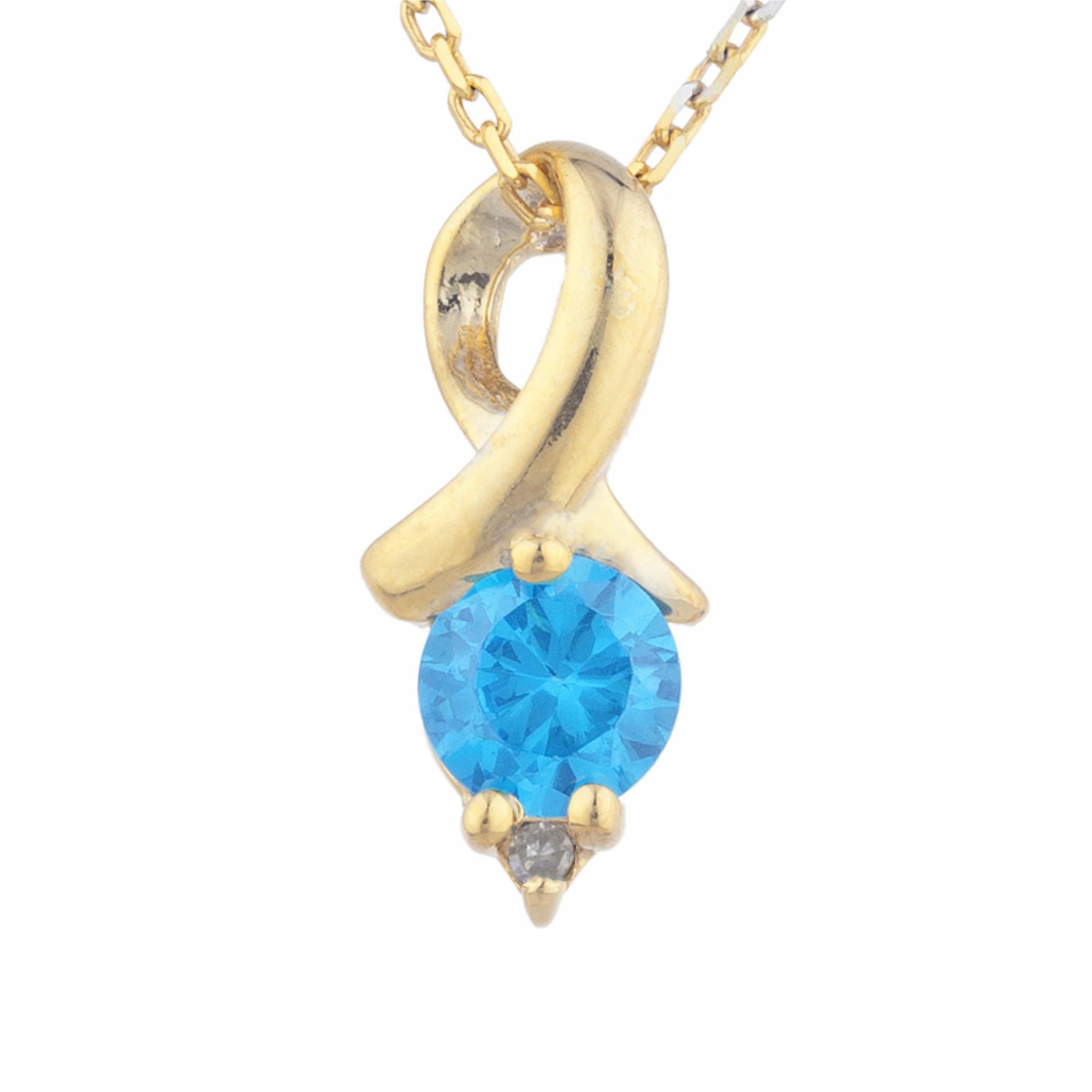 14Kt Gold Swiss Blue Topaz & Diamond Round Design Pendant Necklace
