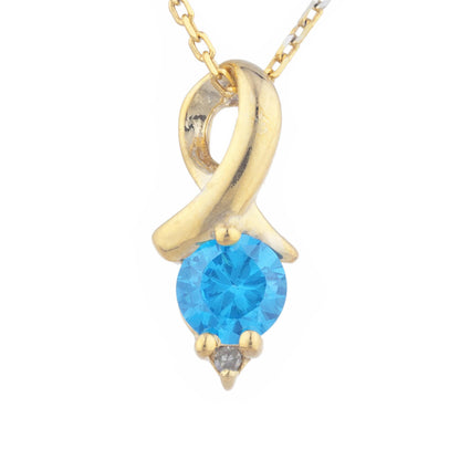 14Kt Gold Swiss Blue Topaz & Diamond Round Design Pendant Necklace