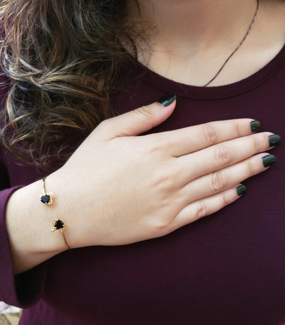 14Kt Gold Genuine Black Onyx & Diamond Devil Heart Bangle Bracelet