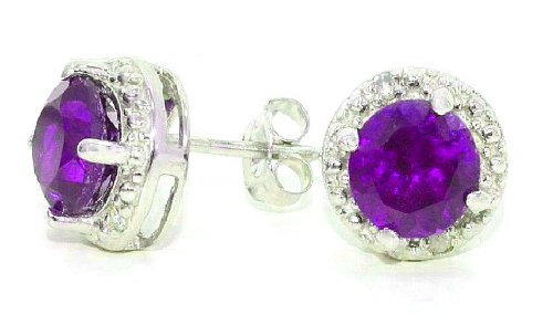 2 Ct Amethyst Round Diamond Stud Earrings .925 Sterling Silver