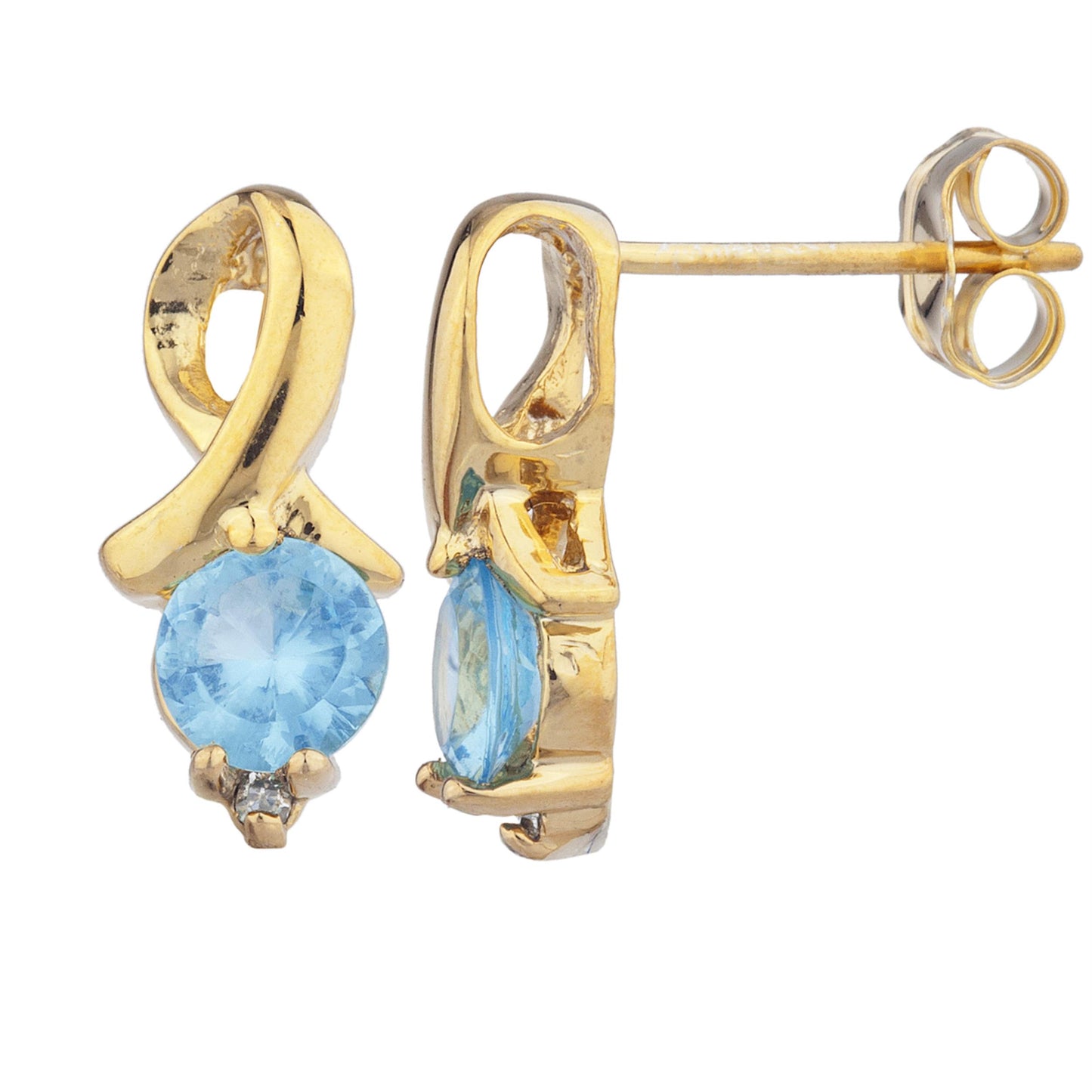 14Kt Yellow Gold Plated Blue Topaz & Diamond Round Design Stud Earrings