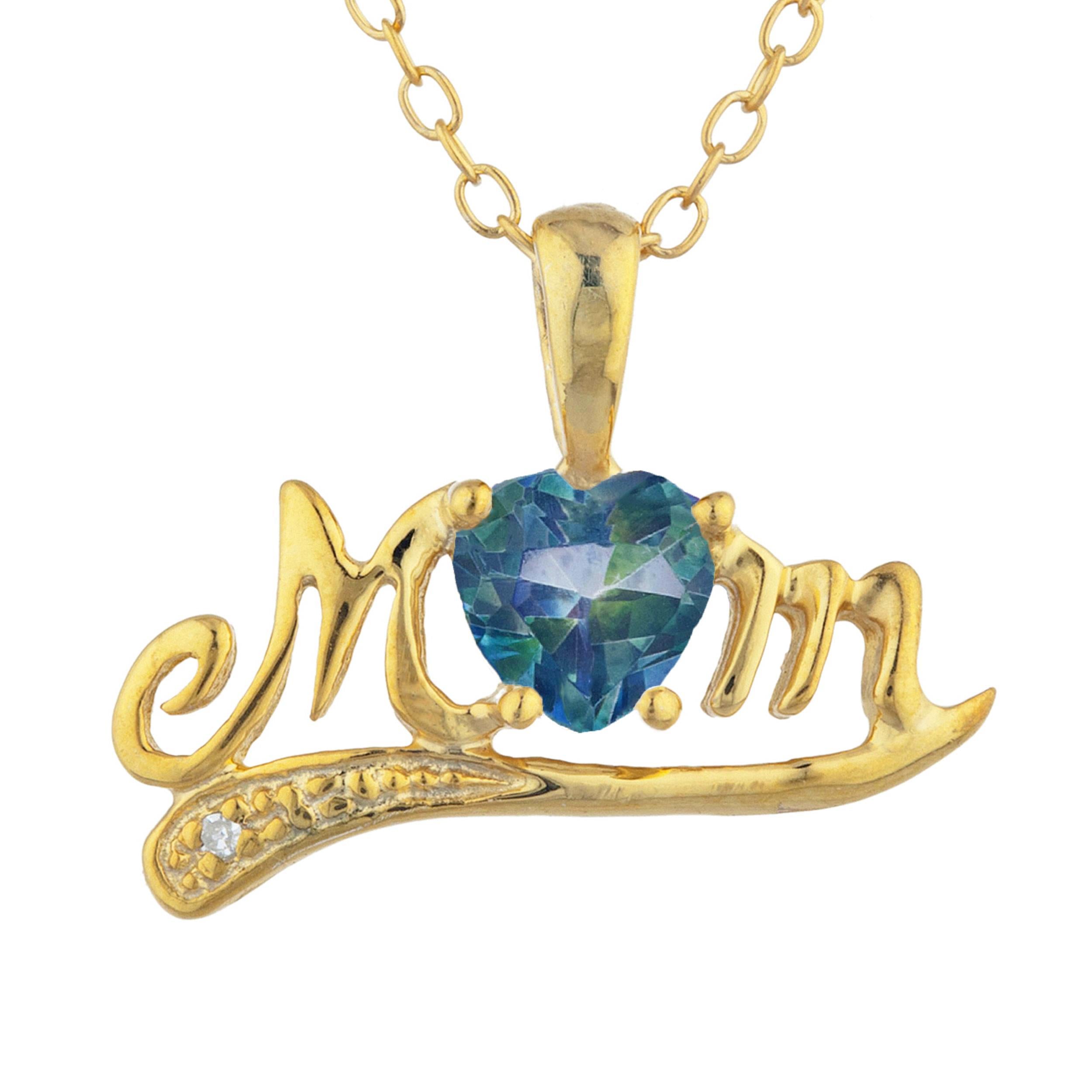 14Kt Gold Natural Blue Mystic Topaz & Diamond Heart Mom Pendant Necklace