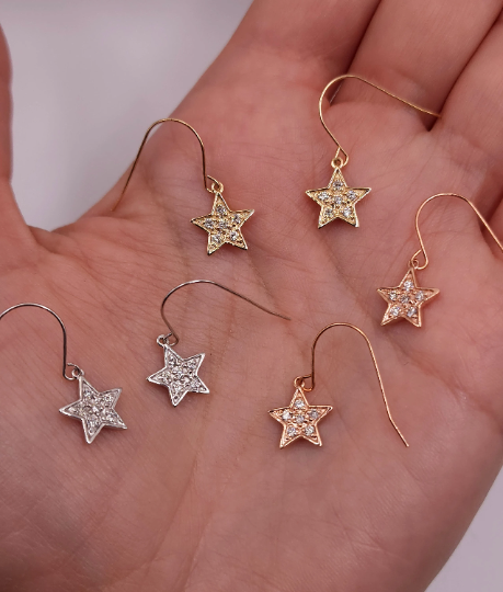 14Kt Gold Genuine Natural Diamond Star Dangle Earrings