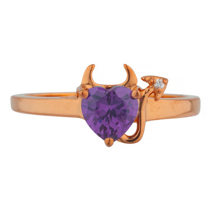 Amethyst & Diamond Devil Heart Ring 14Kt Yellow Gold Rose Gold Silver