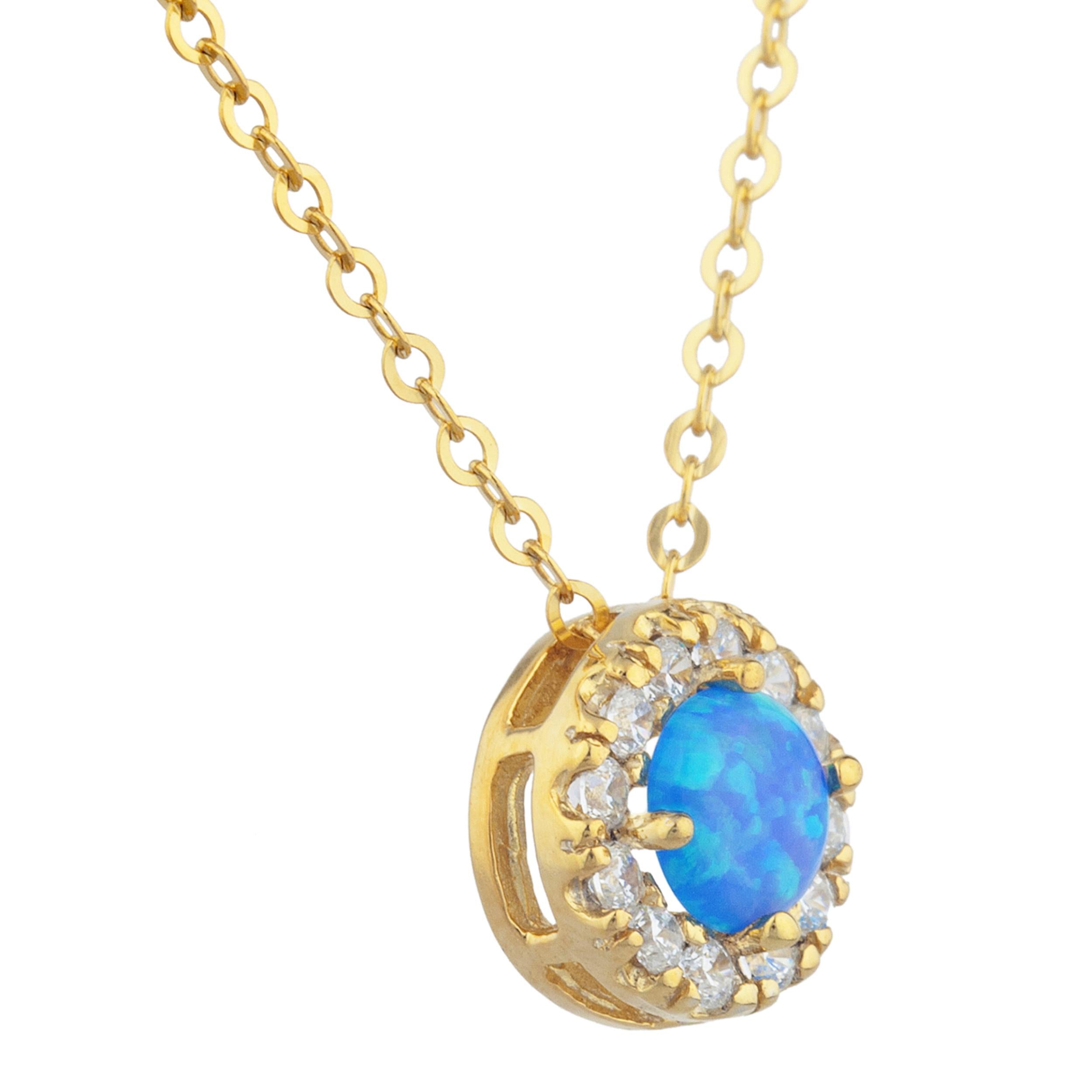 14Kt Gold Blue Opal Halo Design Pendant Necklace