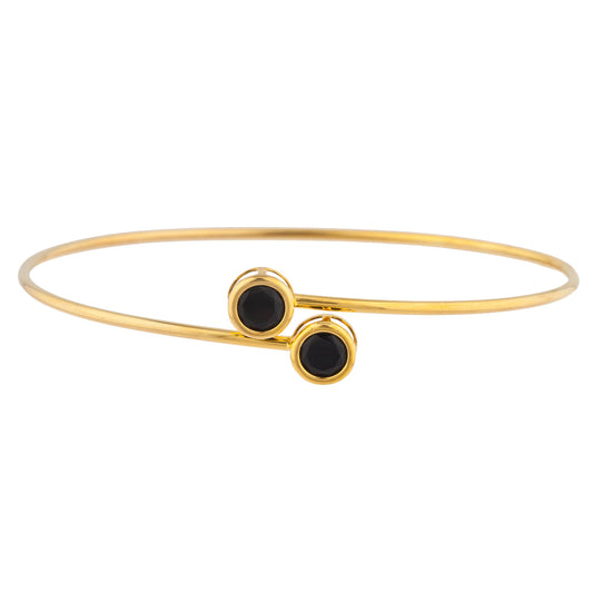 14Kt Yellow Gold Plated Genuine Black Onyx Round Bezel Bangle Bracelet