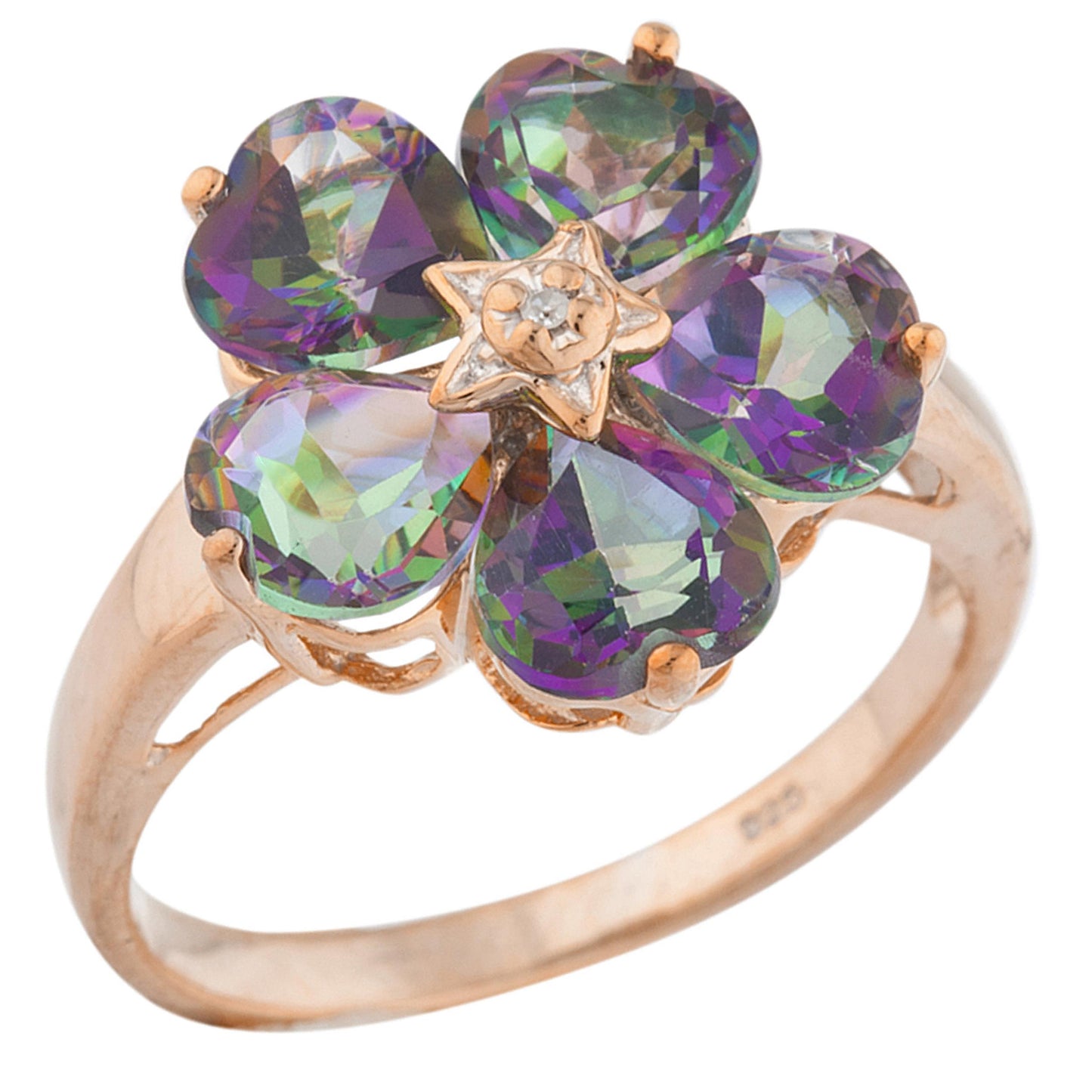 14Kt Gold Natural Mystic Topaz & Diamond Heart Flower Design Ring