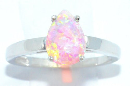 10x7mm Pink Opal Pear Ring .925 Sterling Silver Rhodium Finish