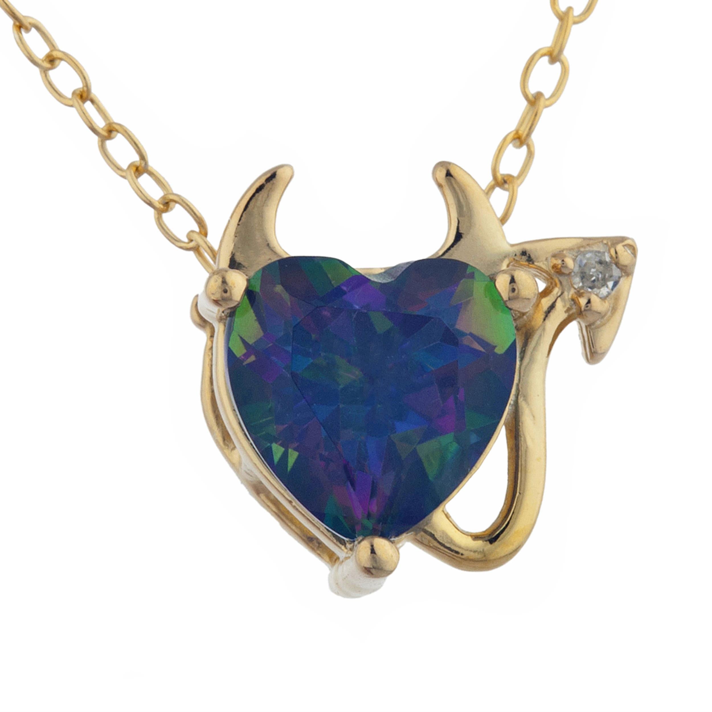 14Kt Gold 1.5 Ct Natural Mystic Topaz & Diamond Devil Heart Pendant Necklace