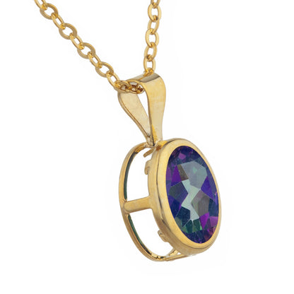 14Kt Gold Natural Mystic Topaz Oval Bezel Pendant Necklace