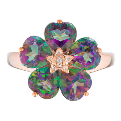 14Kt Gold Natural Mystic Topaz & Diamond Heart Flower Design Ring