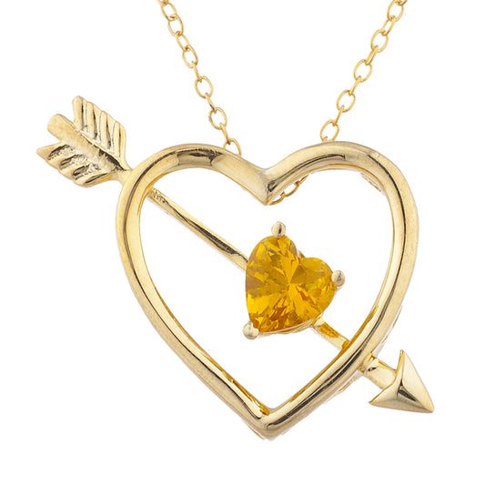 14Kt Gold Yellow Citrine Heart Bow & Arrow Pendant Necklace