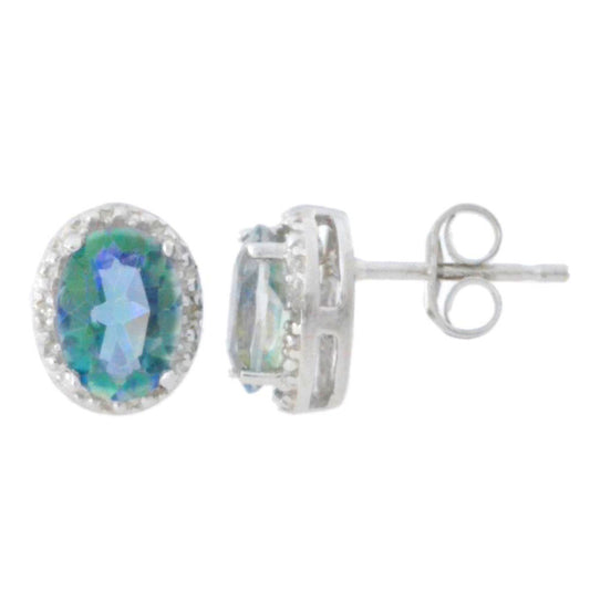 14Kt White Gold Blue Mystic Topaz & Diamond Oval Stud Earrings