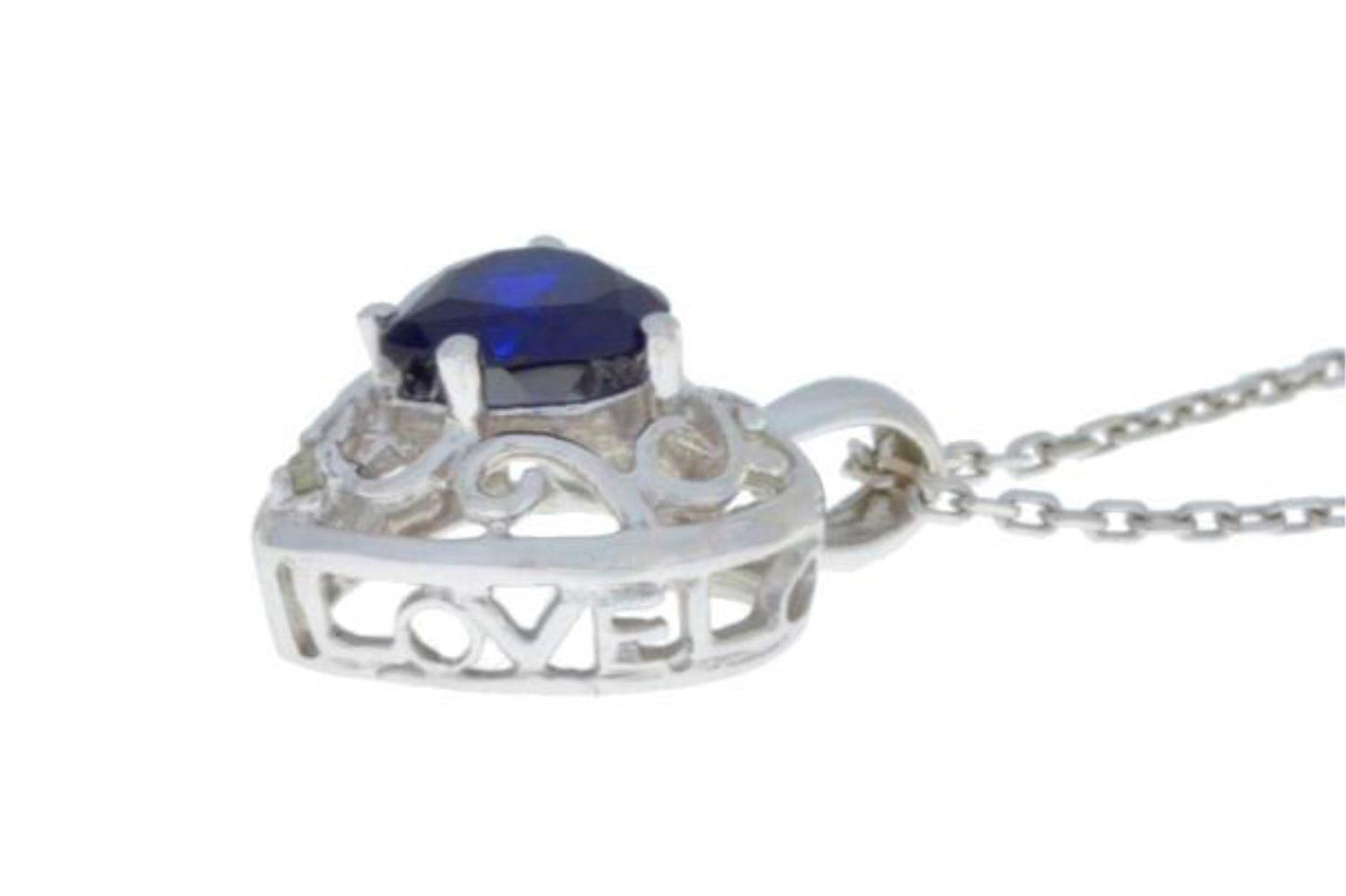 1 Ct Blue Sapphire & Diamond Heart Love Engraved Pendant .925 Sterling Silver Rhodium Finish