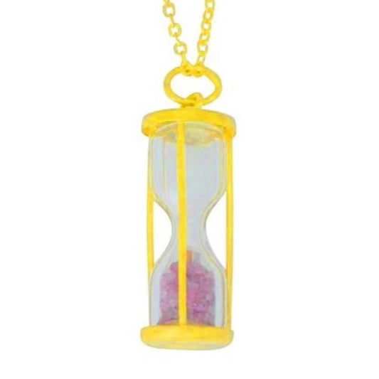 Natural Pink Tourmaline 'Time in Bottle' Dust Hourglass Pendant 14Kt Yellow Gold Plated Over .925 Sterling Silver