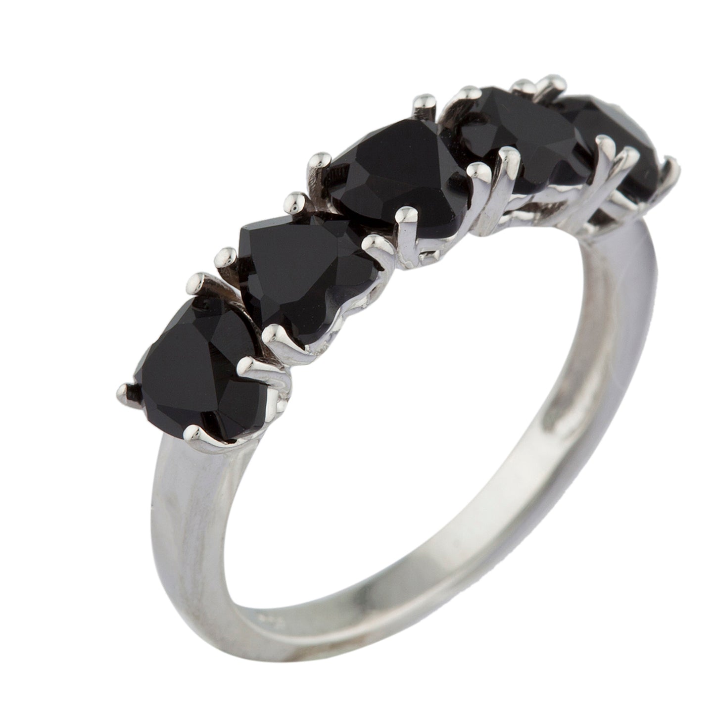 5 Hearts Genuine Black Onyx Heart Ring .925 Sterling Silver Rhodium Finish