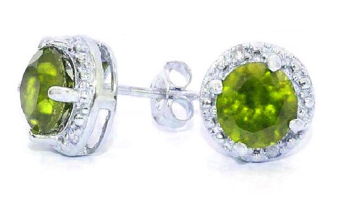 2 Ct Peridot Round Diamond Stud Earrings .925 Sterling Silver