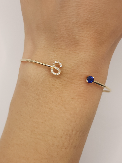 14Kt Gold Blue Sapphire & Diamond Initial Letter Bangle Bracelet