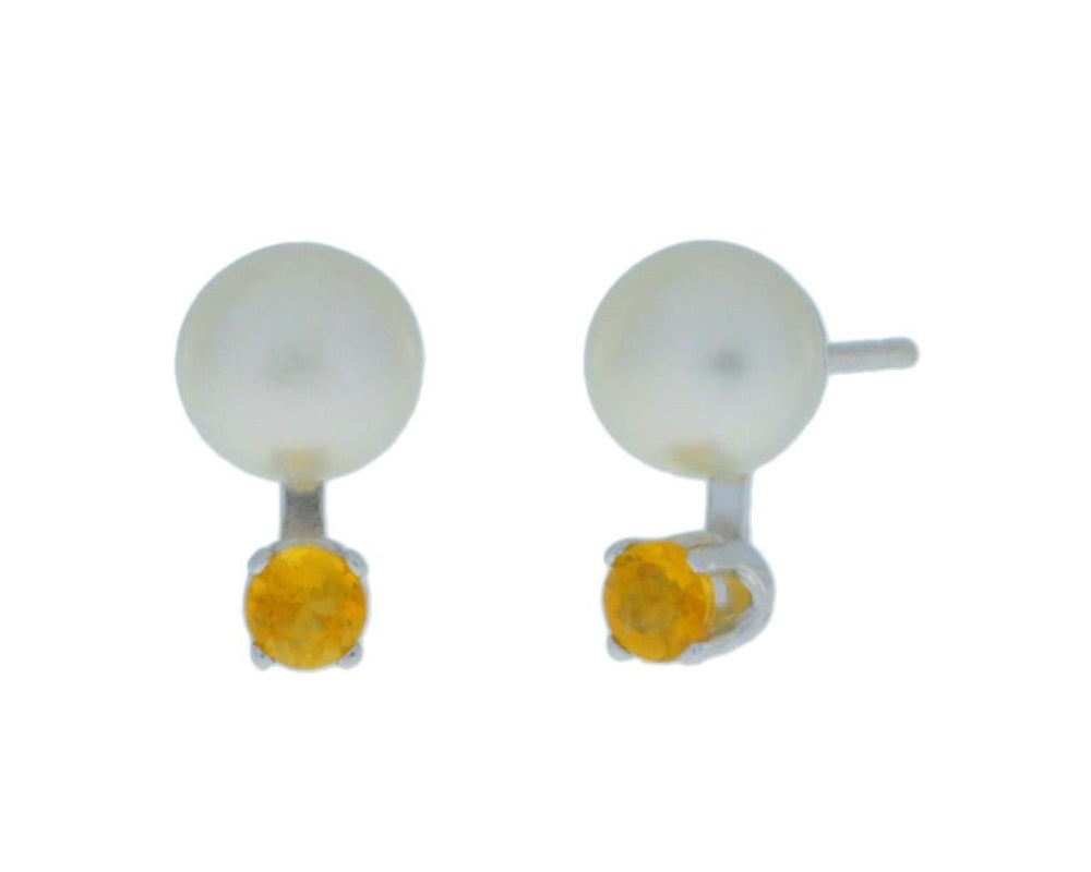 3mm Citrine & White Pearl Stud Earrings .925 Sterling Silver