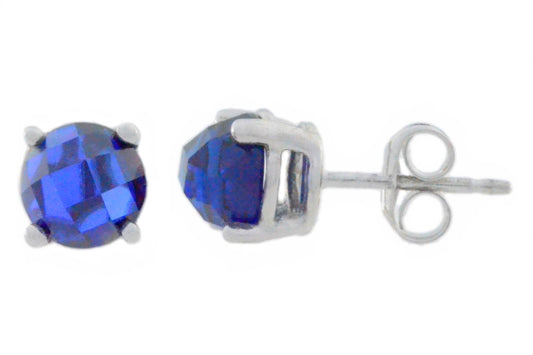 2 Ct Blue Sapphire Checkerboard Round Stud Earrings .925 Sterling Silver