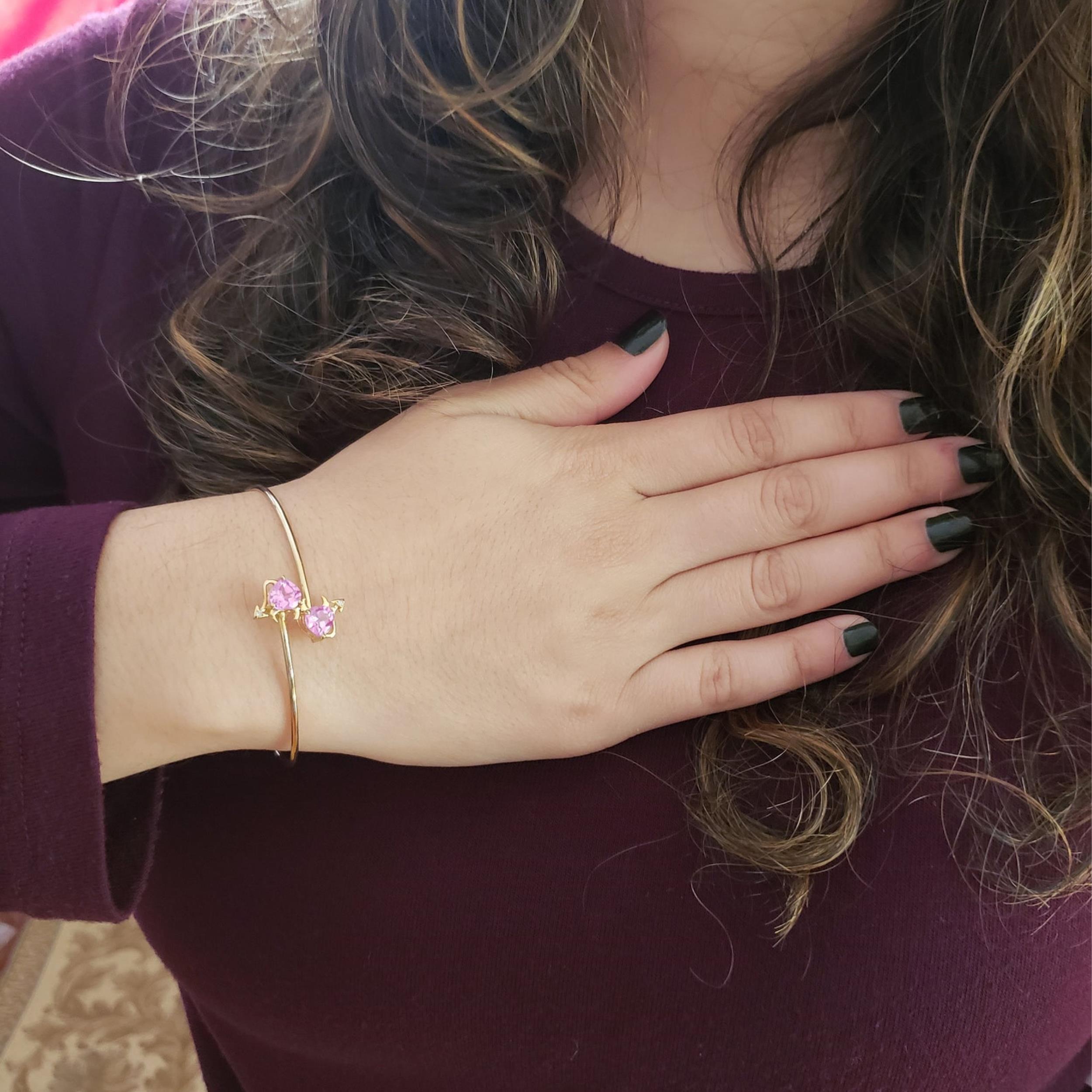 14Kt Gold Pink Sapphire & Diamond Devil Heart Bangle Bracelet