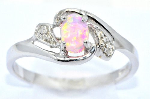 6x4mm Pink Opal & Diamond Oval Ring .925 Sterling Silver Rhodium Finish