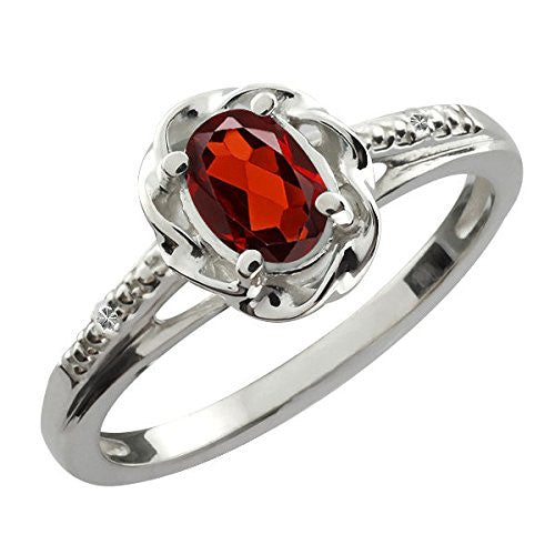 0.50 Ct Garnet & Diamond Oval Ring .925 Sterling Silver Rhodium Finish