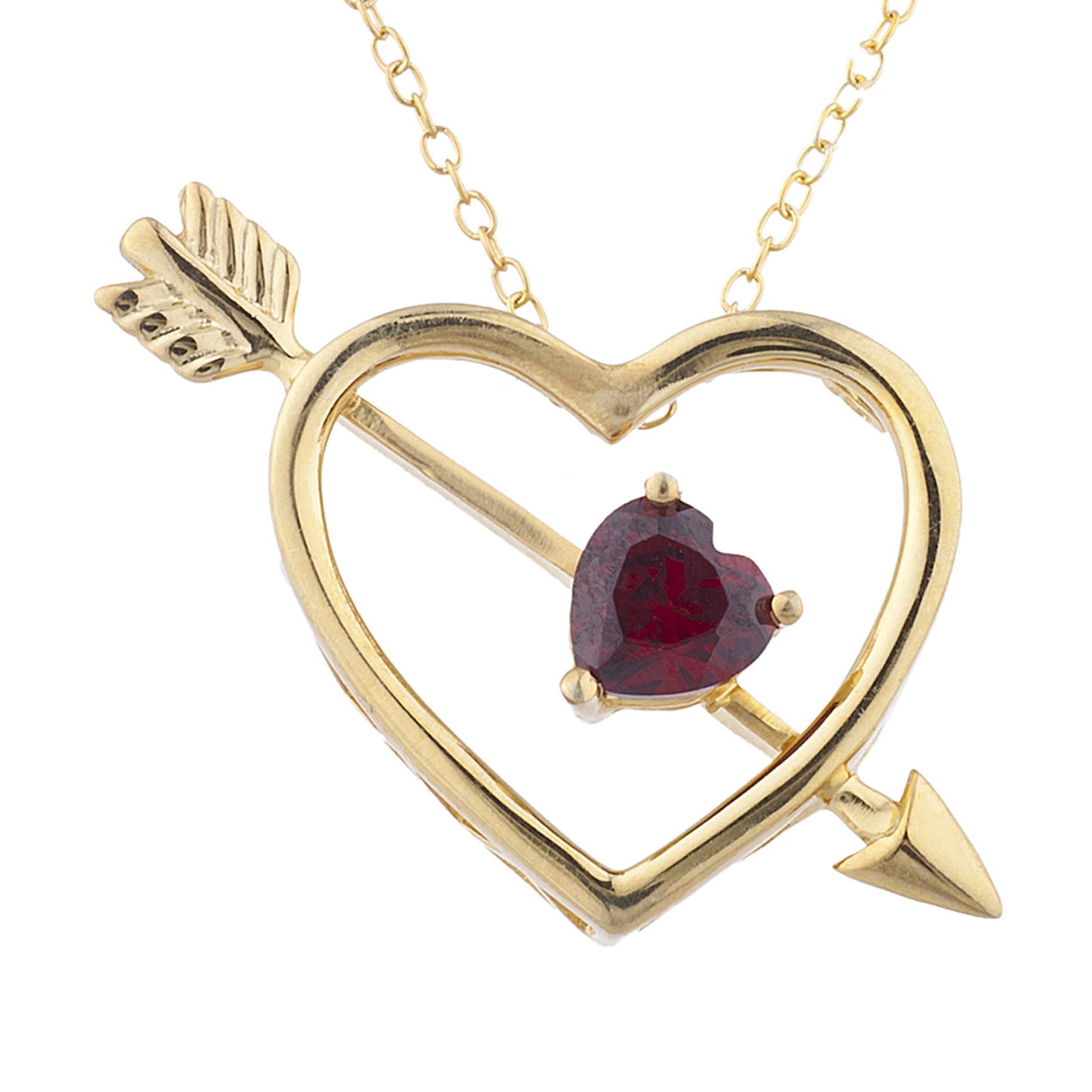 14Kt Yellow Gold Plated Garnet Heart Bow & Arrow Pendant