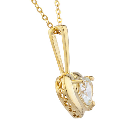 14Kt Gold Genuine Aquamarine & Diamond Heart Design Pendant Necklace