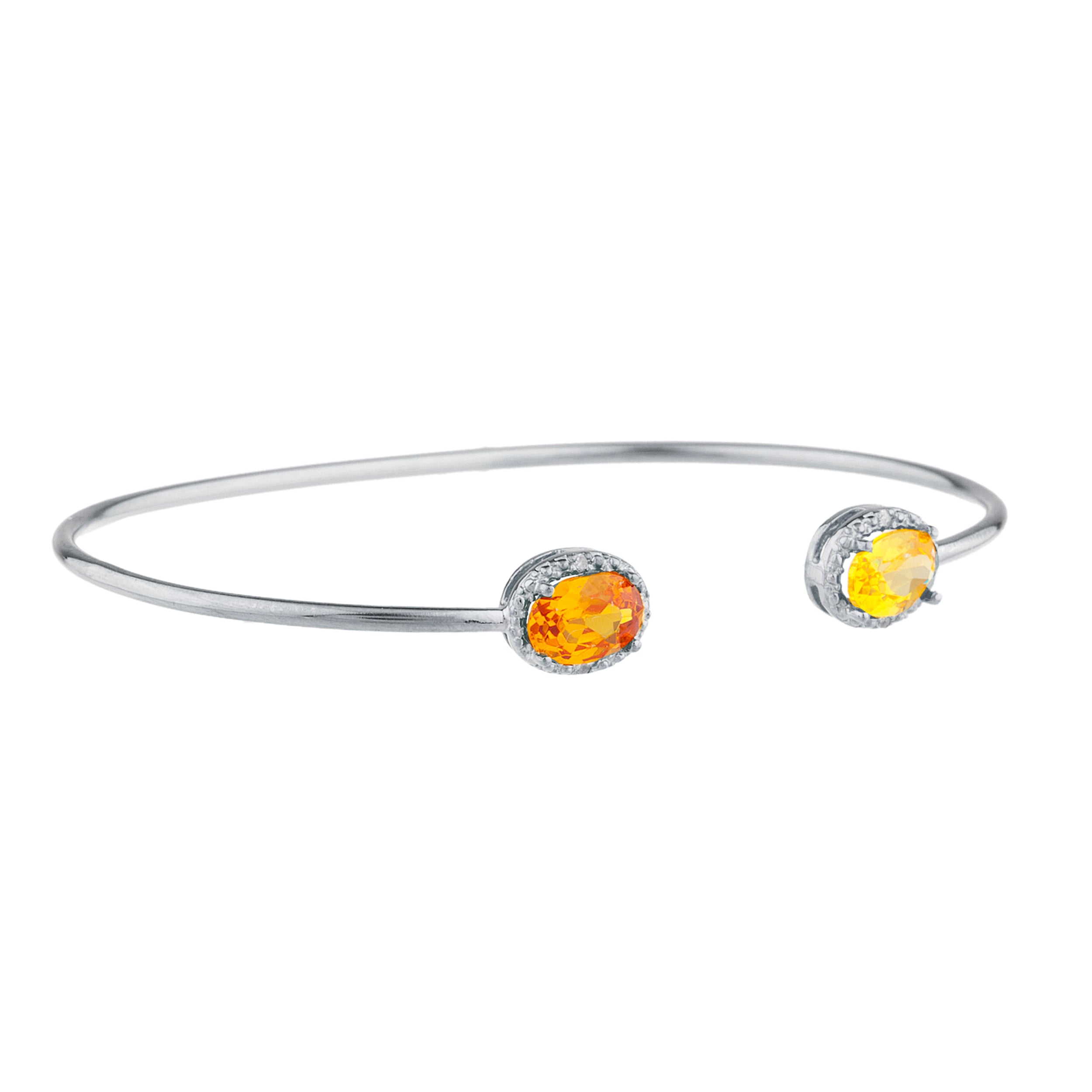 Orange & Yellow Citrine Diamond Bangle Oval Bracelet .925 Sterling Silver Rhodium Finish