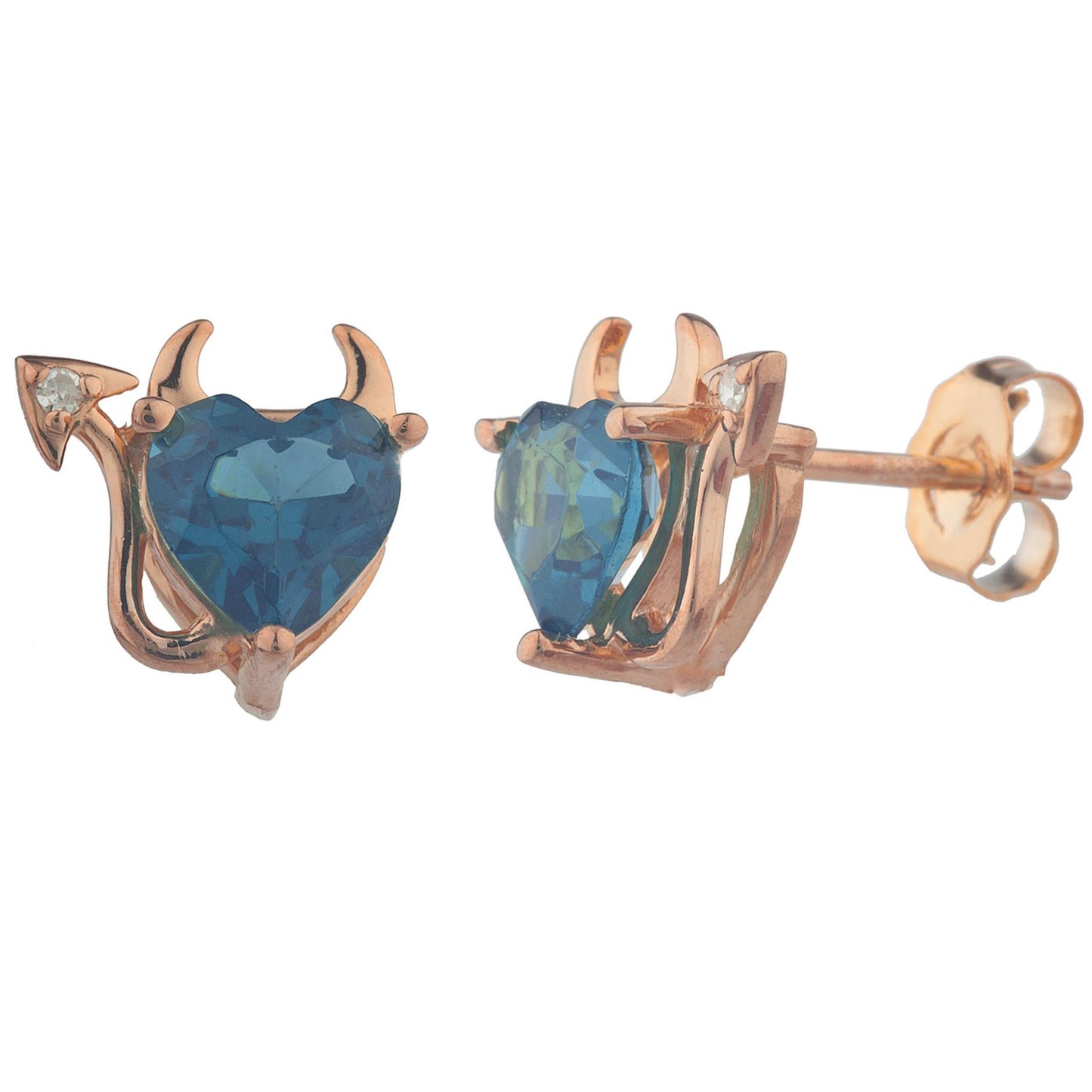 London Blue Topaz & Diamond Devil Heart Stud Earrings 14Kt Rose Gold Plated